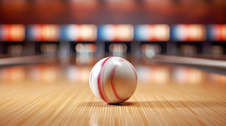 White bowling ball on the track. Sport game. For sport design or web background. Generative aiの素材