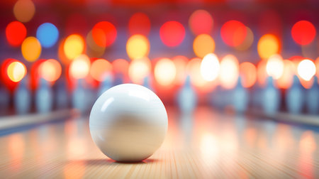 White bowling ball on the track. Sport game. For sport design or web background. Generative aiの素材