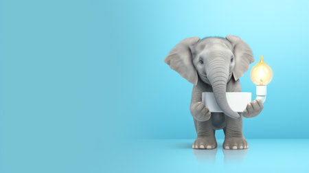 Cute little elephant and light bulb showing ideas, concepts, creativity, minimalist watercolor style. Generative aiの素材