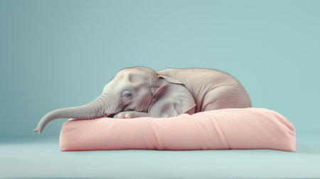 A very cute little elephant lies on a pink bed. Image of a cute, minimalist watercolor style. Generative aiの素材