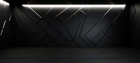 A dark room with a geometric wall pattern and a white light in the ceiling, For art texture, presentation design or web design and web background. Generative AI.の素材