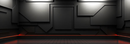 A dark room with a geometric wall pattern and a white light in the ceiling, For art texture, presentation design or web design and web background. Generative AI.の素材