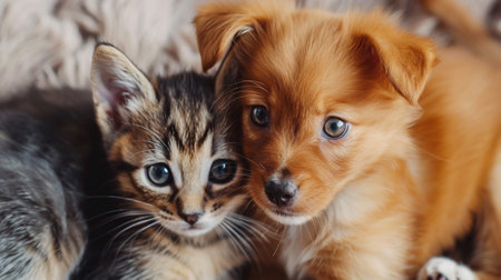 A close-up showcasing the adorable bond between fluffy puppies and a sleepy kittenの素材