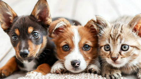 A close-up showcasing the adorable bond between fluffy puppies and a sleepy kittenの素材