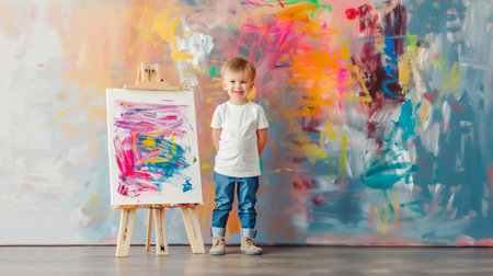 A charming photo of a bright and cheerful nursery with a little boy happily focused on painting at a tiny easel. Sunlight streams in, highlighting colorful toys and a playful atmosphere.の素材