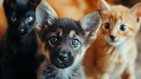 A heartwarming close-up of fluffy puppies and a cuddly kittenの素材