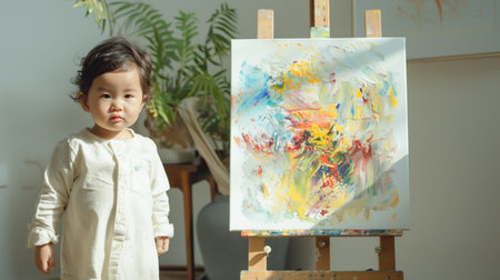 A charming photo of a bright and cheerful nursery with a little boy happily focused on painting at a tiny easel. Sunlight streams in, highlighting colorful toys and a playful atmosphere.の素材
