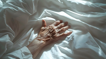 This striking image captures the delicate interplay of light and shadow on a frail hand resting on stark hospital bedding The diffused sunlight creates a gentle radiance barely visible in theの素材