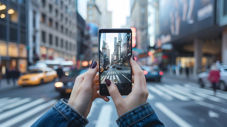 The image captures a close up view of a person s well manicured hands holding a smartphone the screen of which reflects the bustling activity of a city street below The contrast between the delicateの素材