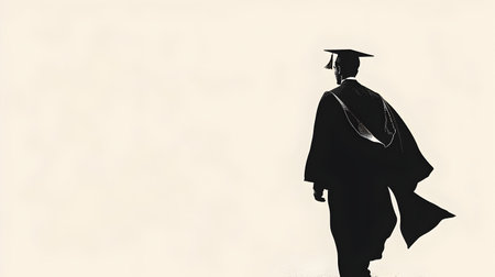 This digital depicts the silhouette of a young graduate student in a cap and gown walking purposefully towards a future of success and achievement The strong contrasting shadows and minimalist lineの素材