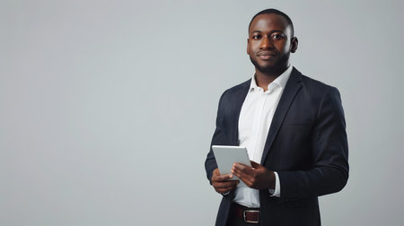 A friendly and confident African American man in a well fitted business suit and tie holding a touchscreen tablet posed against a plain white backdrop for a professional corporate headshot orの素材
