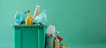 A green recycling bin overflowing with a variety of discarded items including glass bottles plastic containers and metal cans is placed next to a collection of finished products made from recycledの素材