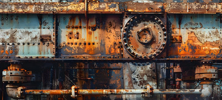 An abstract composition that focuses on the weathered and worn textures of an oil rig The image highlights the intricate details of the pipes machinery and rusted metal surfaces creating a visuallyの素材