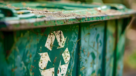 The image focuses on a close up view of a weathered green recycling bin with the recycling symbol prominently displayed The bin s surface shows signs of wear and tear adding a sense of texture andの素材
