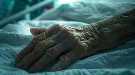 This high image captures the hand of an elderly patient resting on crisp pristine hospital bed sheets The soft diffused light filtering through the nearby window creates a gentle contemplative moodの素材