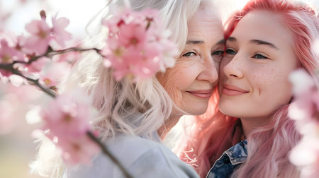 This heartwarming image captures the tender embrace between a grandmother and her teenage granddaughter set against a backdrop of delicate cherry blossoms in full bloom on a picturesque spring dayの素材