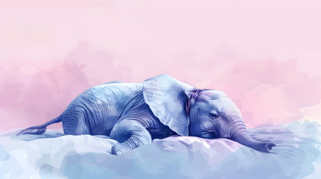 A captivating image showcasing a cute minimalist elephant lying on a stylish bed against a vibrant flat colored background The elephant is rendered in a watercolor inspired detailed style withの素材