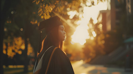 The image captures a single female graduate standing apart from the line her gaze fixed thoughtfully into the distance The scene is bathed in warm sun dappled light creating a sense of introspectionの素材