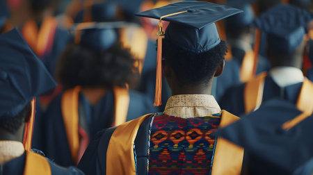 The image captures the rear view of a group of graduates nervously shifting and adjusting their intricately patterned gowns and vibrant personalized caps in anticipation of their commencementの素材