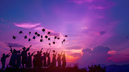 Silhouetted figures of excited graduates are captured throwing their caps high into the air against a vibrant fiery sunset backdrop The dynamic scene conveys a sense of triumph accomplishment andの素材