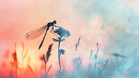 A captivating image featuring the delicate silhouette of a dragonfly perched atop a vibrant watercolor style flower blossom The scene is set against a serene atmospheric background of soft pastelの素材