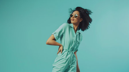 This visually striking image depicts a woman wearing a vintage inspired aqua menthe jumpsuit accentuated by geometric statement accessories that channel a retro infused vibe The high definition superの素材