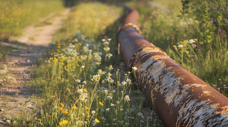 This image captures a rusty metal pipe running alongside a dirt road in a picturesque rural landscape The pipe is overgrown with vibrant wildflowers showcasing the weathered texture and natural decayの素材