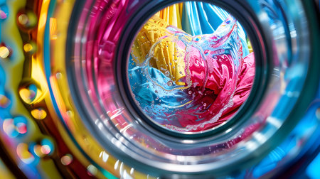 This high definition image captures the mesmerizing dynamic motion and vibrant colors within the drum of a wet cleaning machine during a wash cycle The swirling kaleidoscopic patterns and intricateの素材