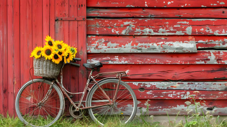 A captivating image showcasing a weathered vintage bicycle with a basket overflowing with vibrant sunflowers leaning against the sturdy rustic red walls of a rural barn The scene exudes a sense ofの素材