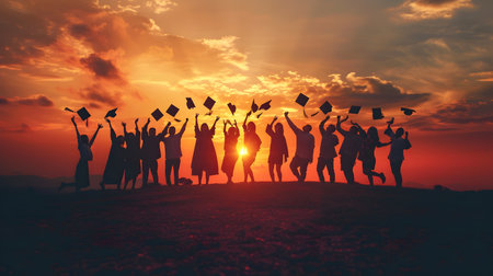Silhouetted figures of excited graduates throwing their caps high into the air against a vibrant fiery sunset backdrop The celebratory scene captures the sense of accomplishment and optimism as theseの素材