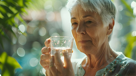 An elderly woman with short silver hair is captured in a tranquil moment savoring a cool glass of water on a warm summer day Beads of condensation glisten on the glass adding a sense of refreshmentの素材