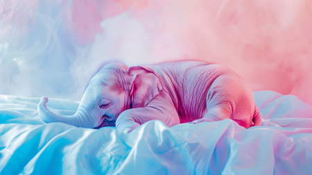 A minimalist watercolor style image depicting a cute pink elephant lying on a blue bed against a vibrant abstract background The image has a high level of detail and complexity with a soft sereneの素材
