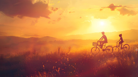 This stunning landscape depicts a silhouetted scene of two cyclists riding their bicycles towards a breathtaking sunset over rolling lush hills in a peaceful countryside setting The warm vibrantの素材