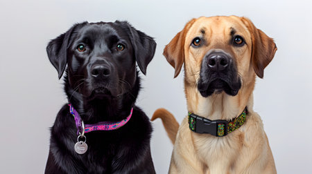 Two adorable dogs one black and one golden pose playfully against a serene white backdrop Their vibrant glittering collars in jewel toned hues pop against the cloud like background highlighting theの素材