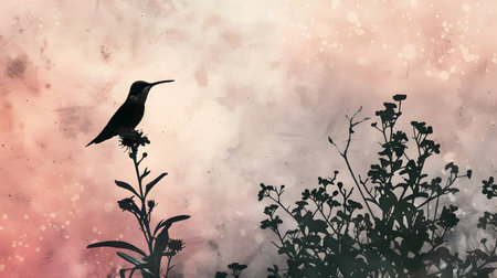 A captivating image featuring the delicate silhouette of a hummingbird perched atop a vibrant blossom painted in soft watercolor esque tones The scene is surrounded by lush foliage and wildflowersの素材