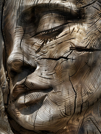 A captivating close up image showcasing a carved weathered wooden face with intricate detailed markings that convey a mystical ethereal expression The complex textures and patterns of the ancientの素材