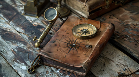 A weathered leather bound journal rests on a wooden plank accompanied by an antique brass sextant and compass Aged maritime and ship logs are scattered around creating an atmosphere of adventure andの素材
