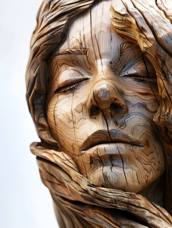 A striking close up image showcasing a woman s face carved into wood featuring a serene and peaceful expression The organic flowing lines and intricate detailed surfaces create a captivating andの素材