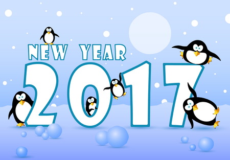 happy new year 2017 card, with penguin and snow