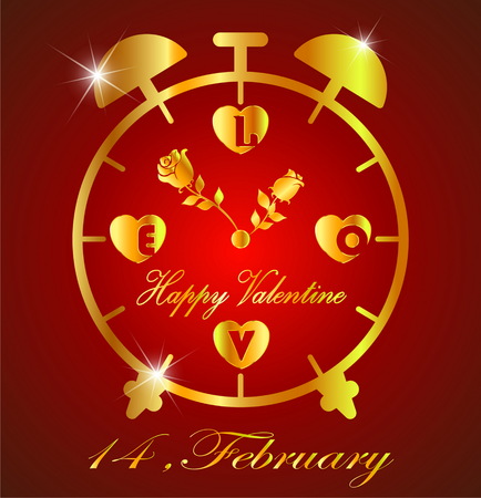 Alphabet love and valentine gold with pattern clock on red backgroundのイラスト素材