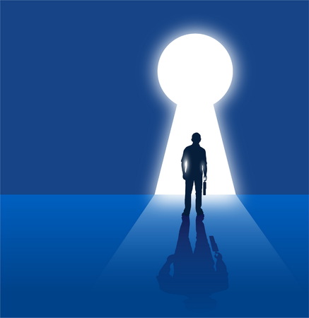 Freedom concept,businessman standing  in front of keyhole with lightのイラスト素材