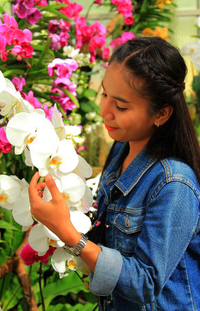 woman smelling orchid flowers in the gardenの写真素材