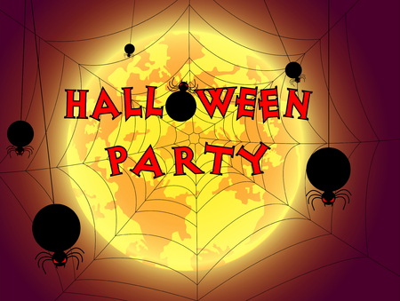 illustration background and text halloween party,festival halloween,full moon on dark night with spider and cobwebのイラスト素材