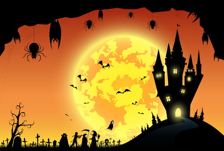 Halloween sunset, full moon on dark night with many ghost and devil walking.のイラスト素材