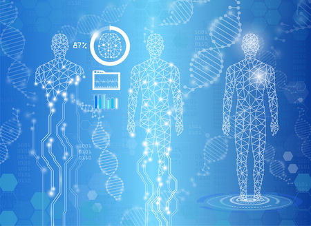 abstract background technology concept in blue light,human body heal,technology modern medical science in future and global international medical with tests analysis clone DNA humanのイラスト素材