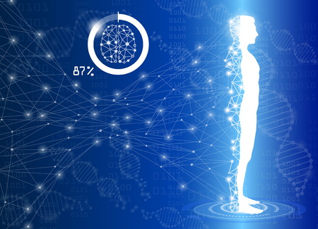 A bstract background science and technology concept in blue light,human body heal,technology modern medical science in future and global international medical with tests analysis clone DNA humanのイラスト素材