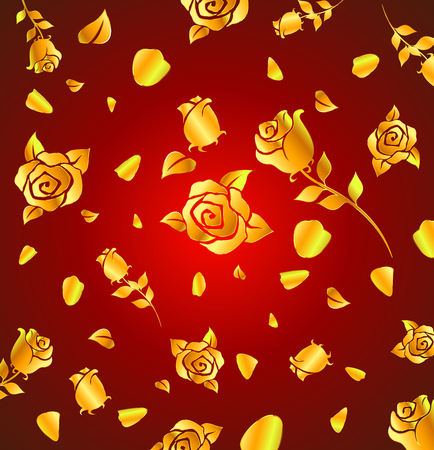 Pattern of gold rose and petal float on red backgroundのイラスト素材