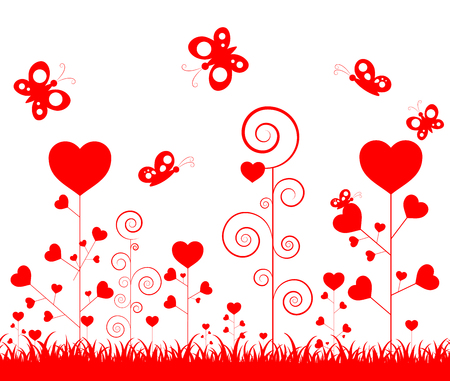 Red heart plants and butterfly  on white backgroundのイラスト素材