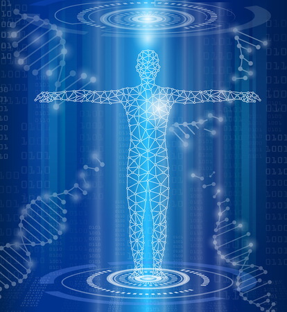 abstract background technology concept in blue light,brain and human body heal ,technology modern medical science in future and global international medical with tests analysis clone DNA humanのイラスト素材