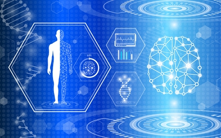 abstract background technology concept in blue light,brain and human body heal ,technology modern medical science in future and global international medical with tests analysis clone DNA humanのイラスト素材